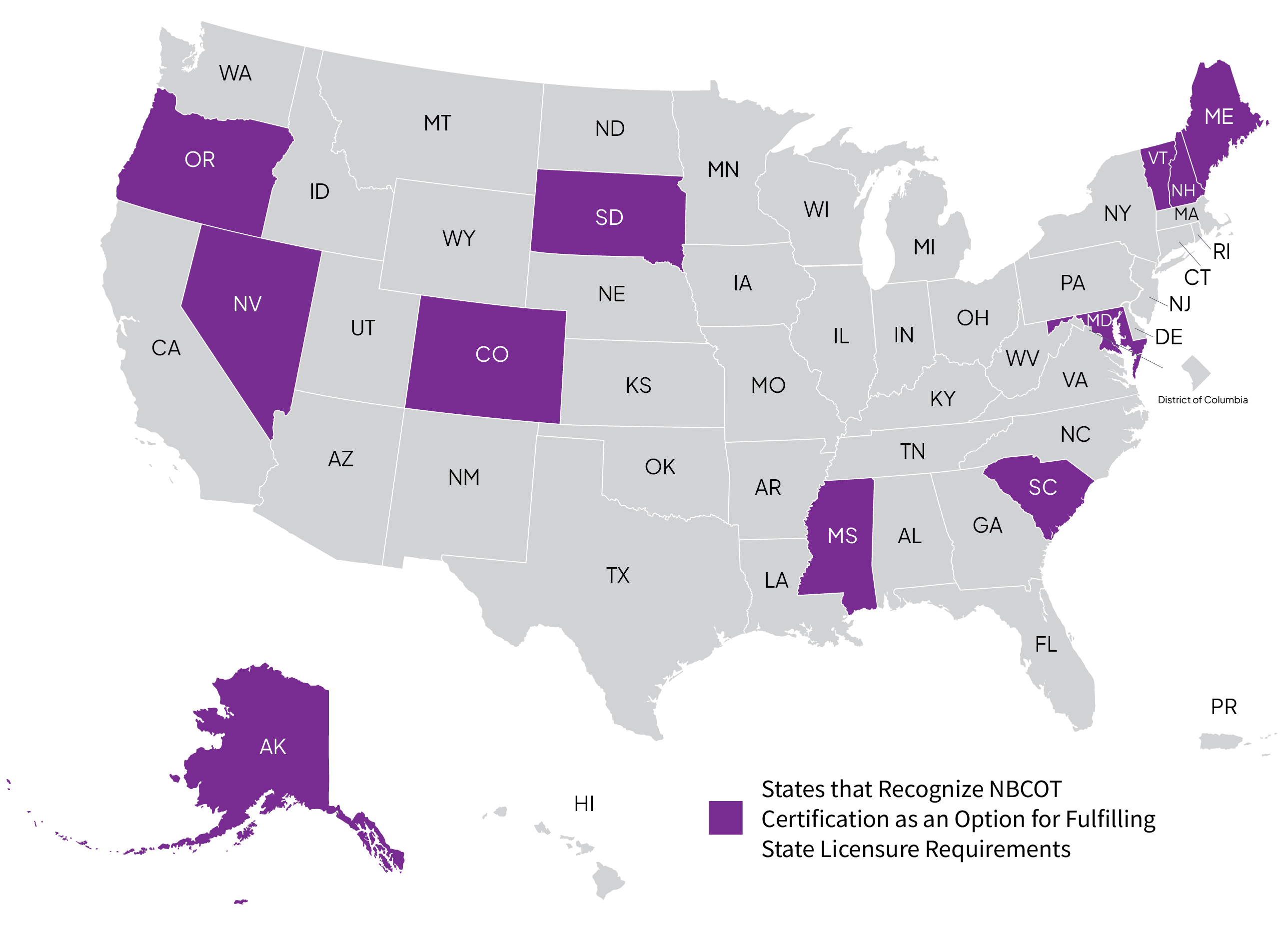 U.S. map with states colored in that accept NBCOT certification as an option for fulfilling state licensure requirements.