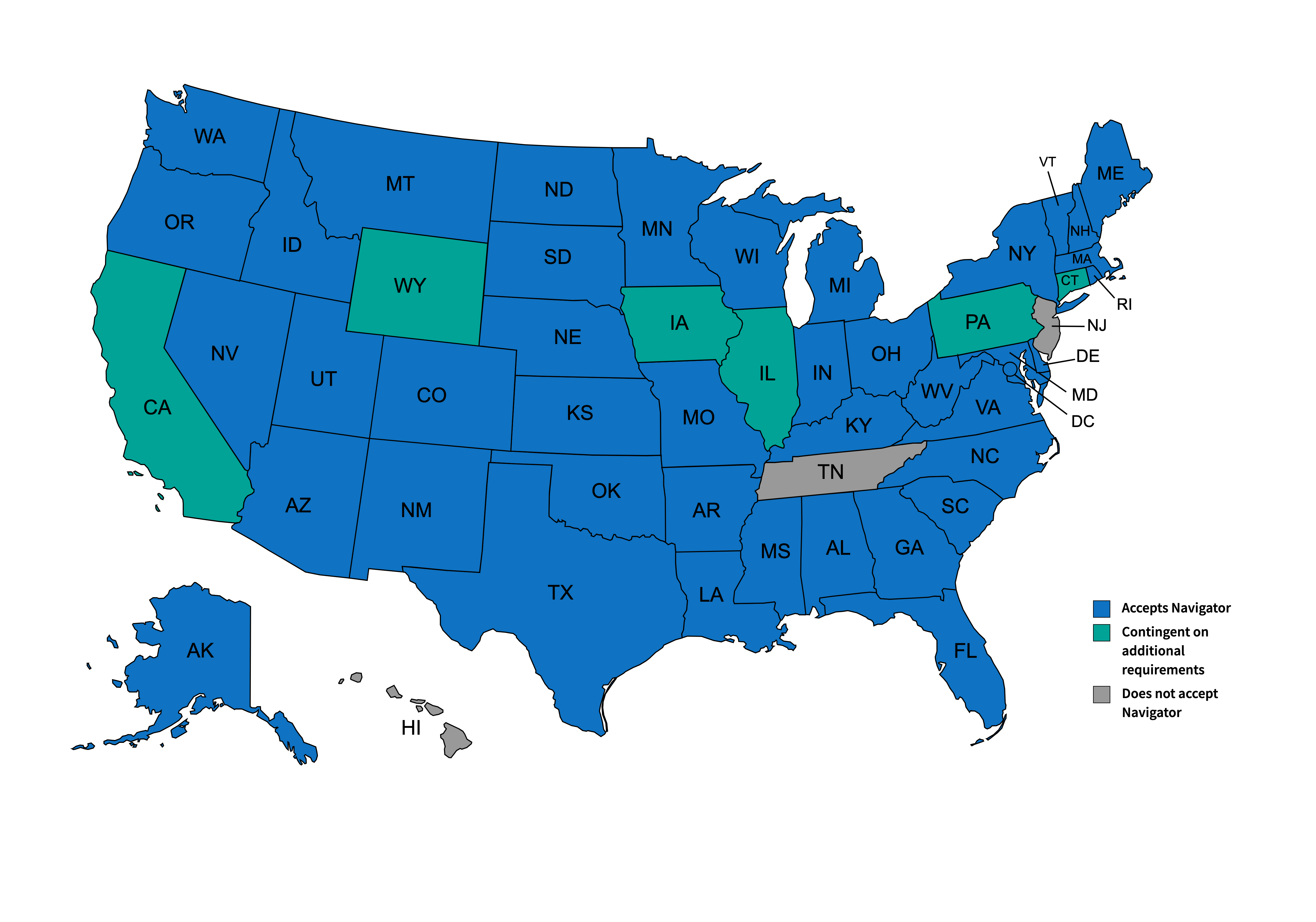 U.S. map with states that accept Navigator colored in. All states colored in except Hawaii, New Jersey, and Tennessee.