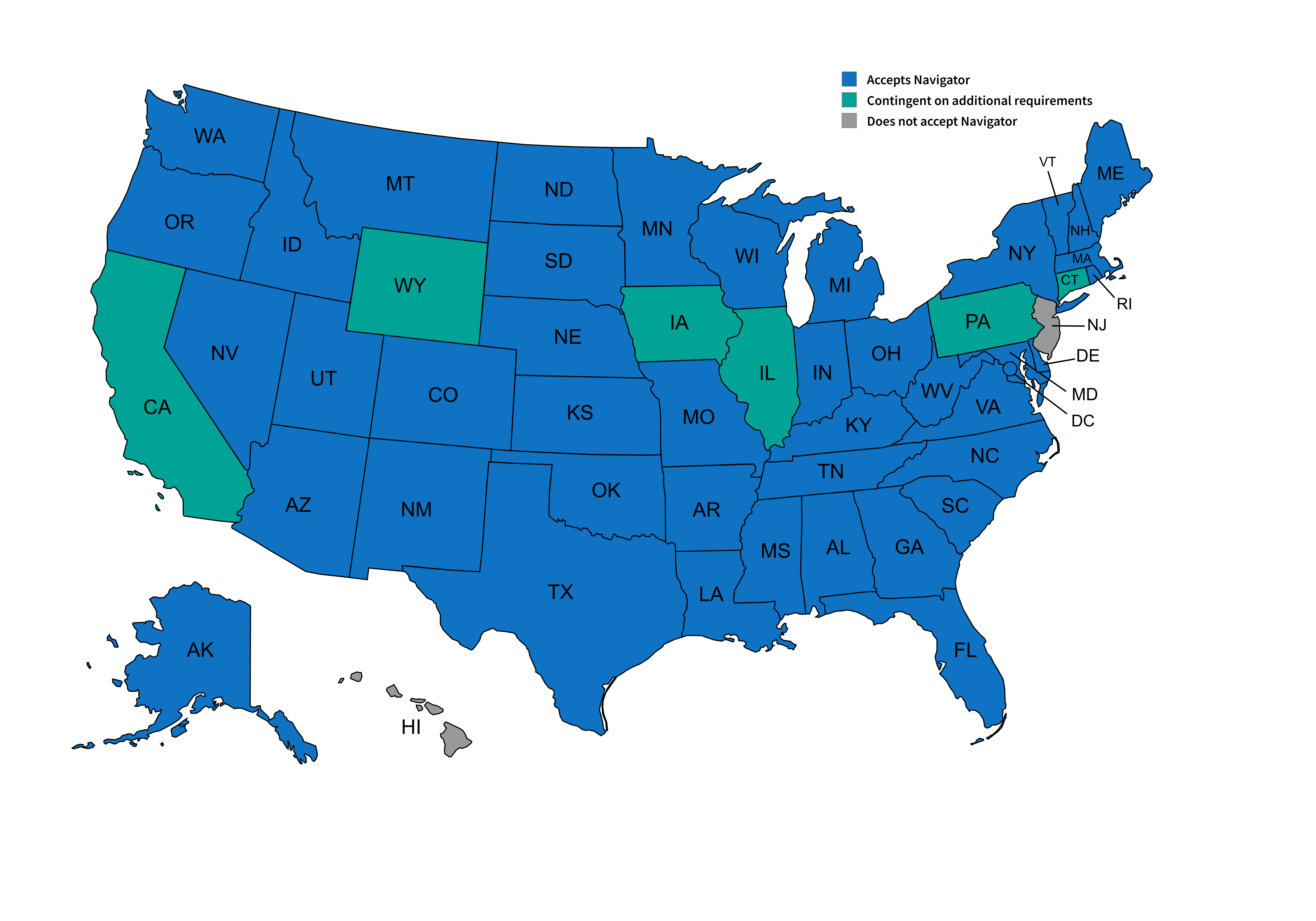 U.S. map with states that accept Navigator colored in. All states colored in except Hawaii, New Jersey, and Tennessee.