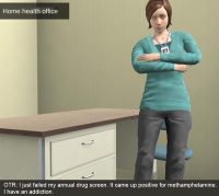 A woman wearing a work badge is standing in an office with her arms crossed.