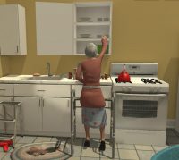 An older adult woman with a walker reaches for an item in an upper kitchen cabinet.