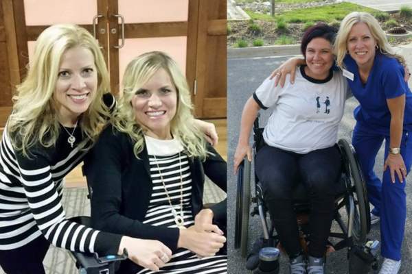 Debbie posing with individuals who are in wheelchairs