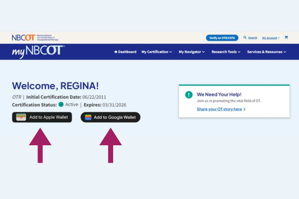 MyNBCOT dashboard, two arrows point to "Add to Apple Wallet" and "Add to Google Wallet."