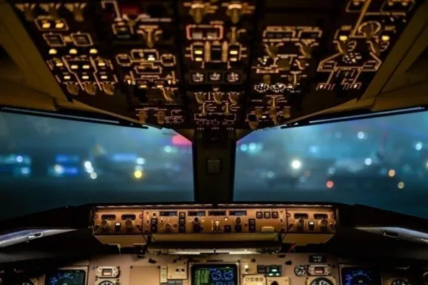 Flight simulator, view from cockpit