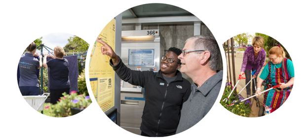 Left image: Two women hang clothing from a clothesline outside. Center image: A man points out directions on a public map to an older man. Right image: Two women use long-handled shears to cut flowers in a garden.